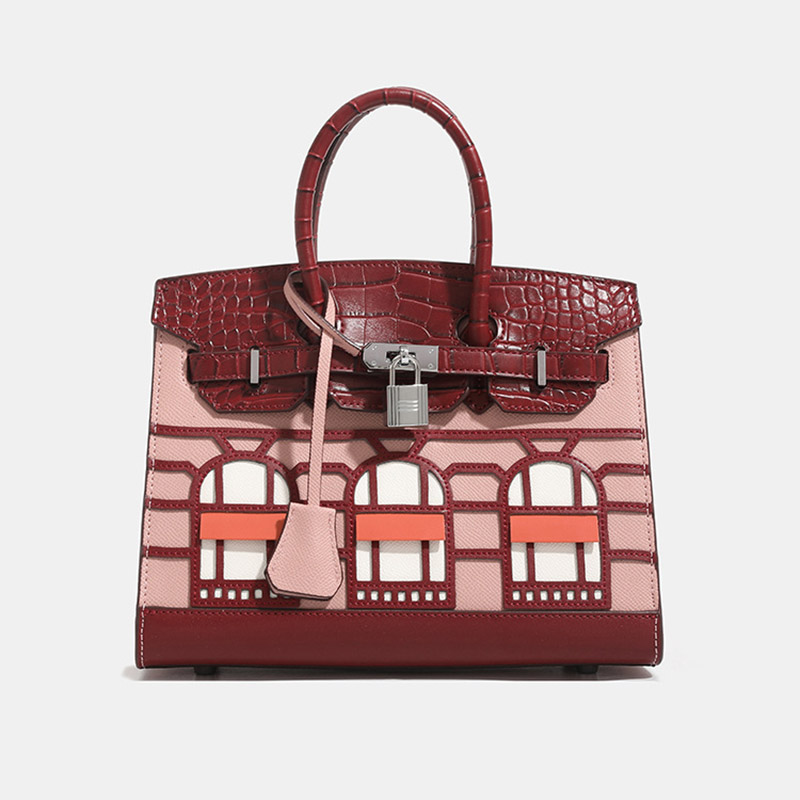 Women's Vegan Leather Croc Print Lock HOUSE Top Handle Bag