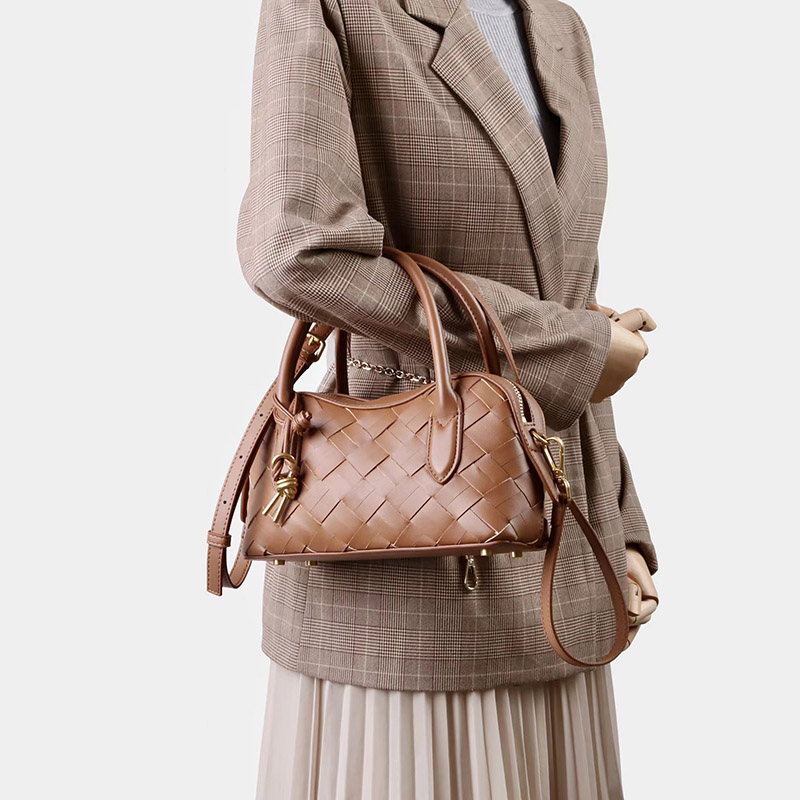 Women's Split Leather Woven Crossbody Top Handle Bag