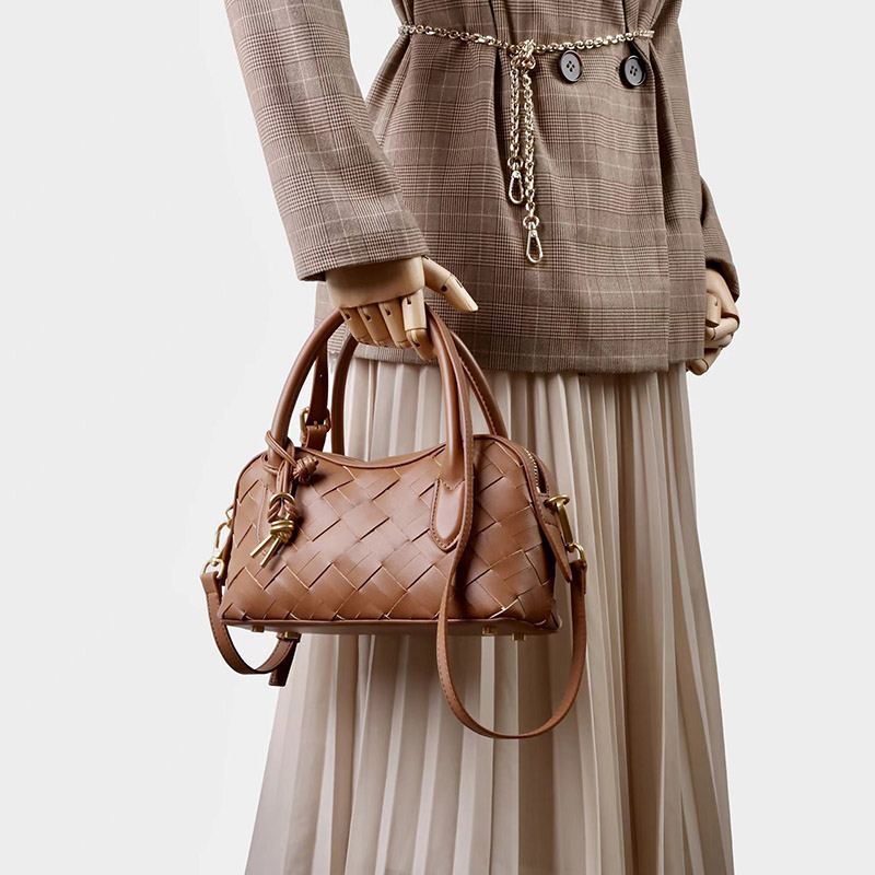 Women's Split Leather Woven Crossbody Top Handle Bag