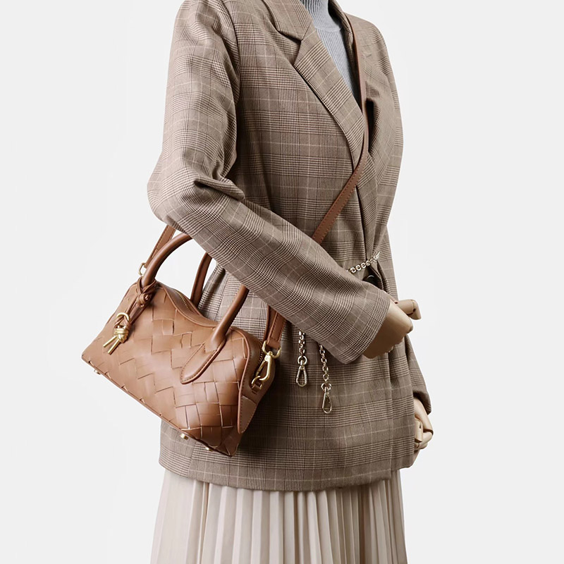 Women's Split Leather Woven Crossbody Top Handle Bag