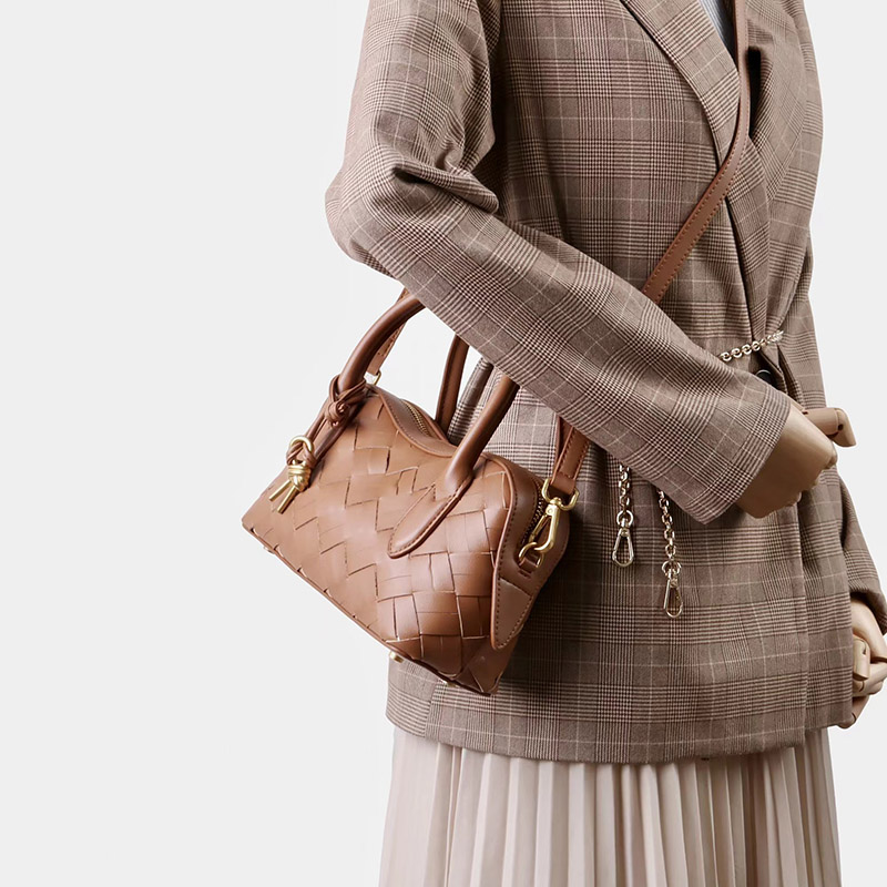 Women's Split Leather Woven Crossbody Top Handle Bag