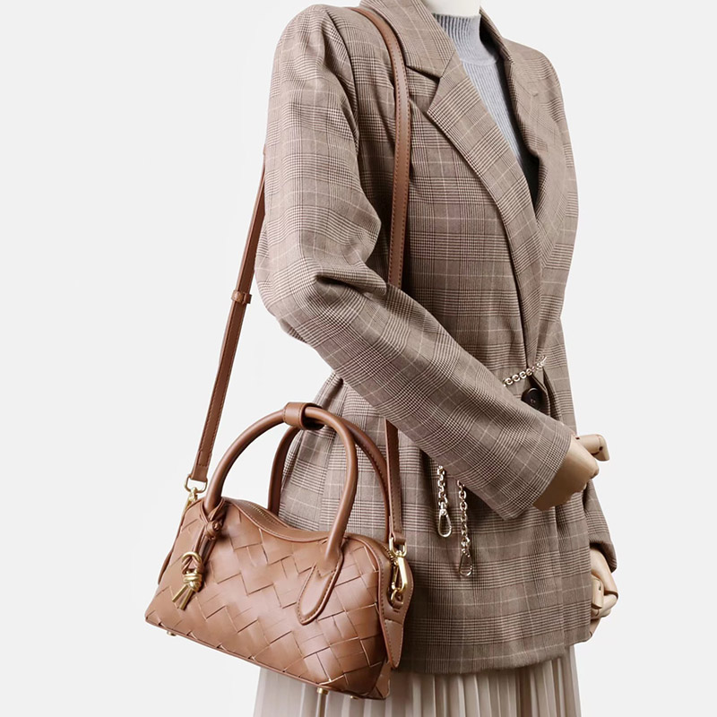 Women's Split Leather Woven Crossbody Top Handle Bag