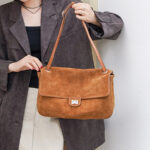 Women's Suede Flap Lock Shoulder Bag
