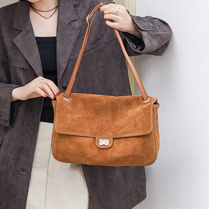Women's Suede Flap Lock Shoulder Bag