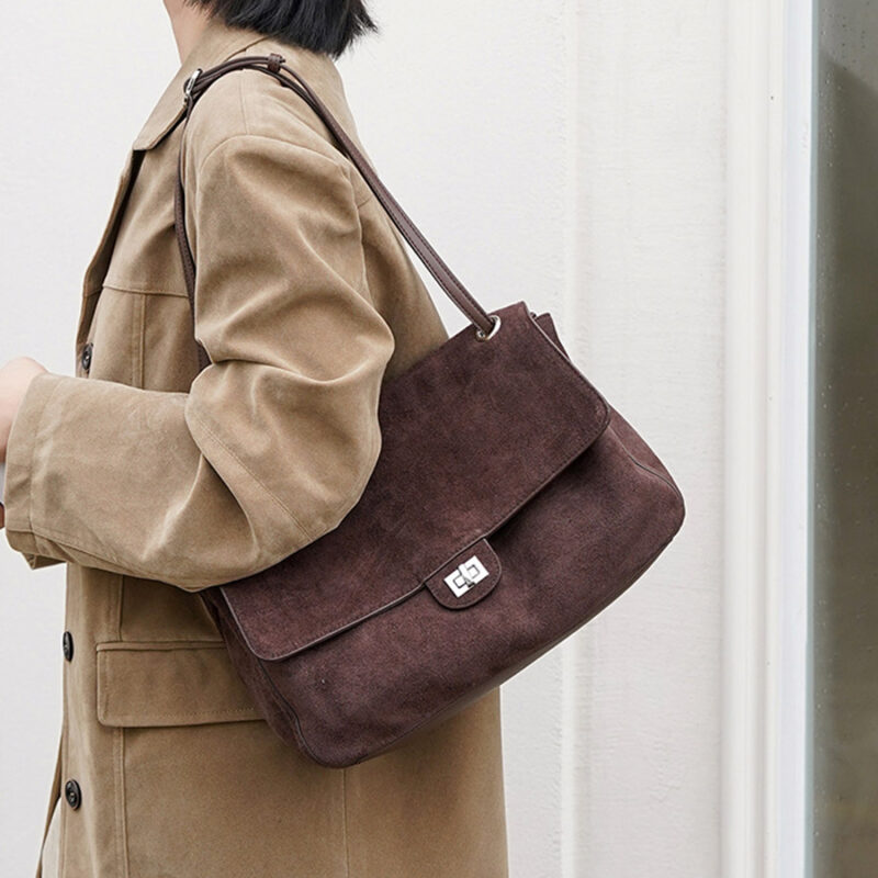 Women's Suede Flap Lock Shoulder Bag