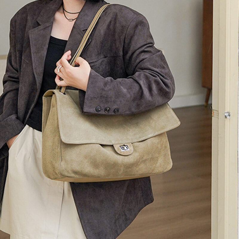 Women's Suede Flap Lock Shoulder Bag