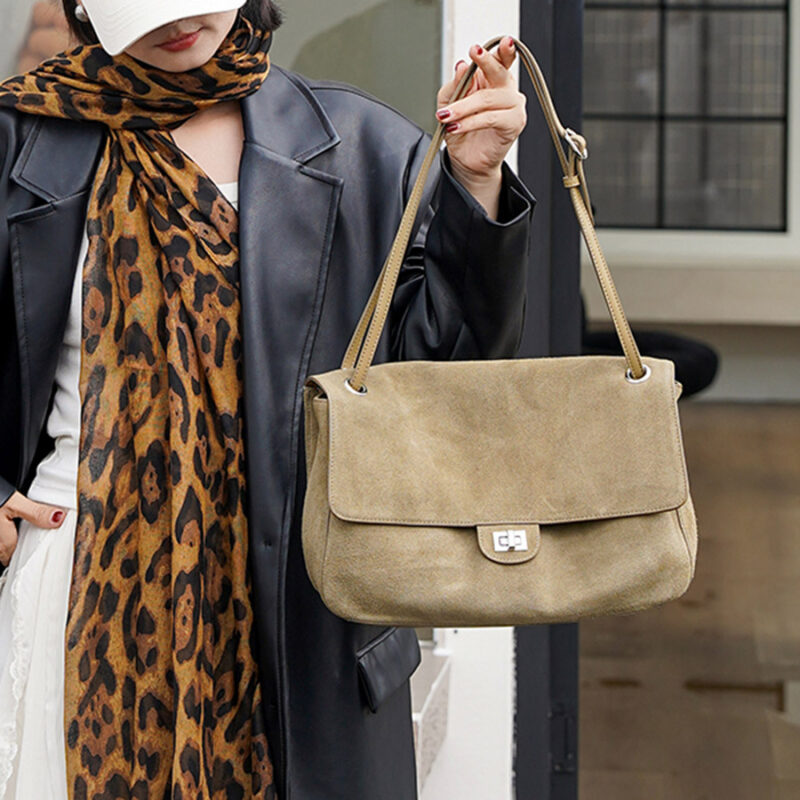 Women's Suede Flap Lock Shoulder Bag