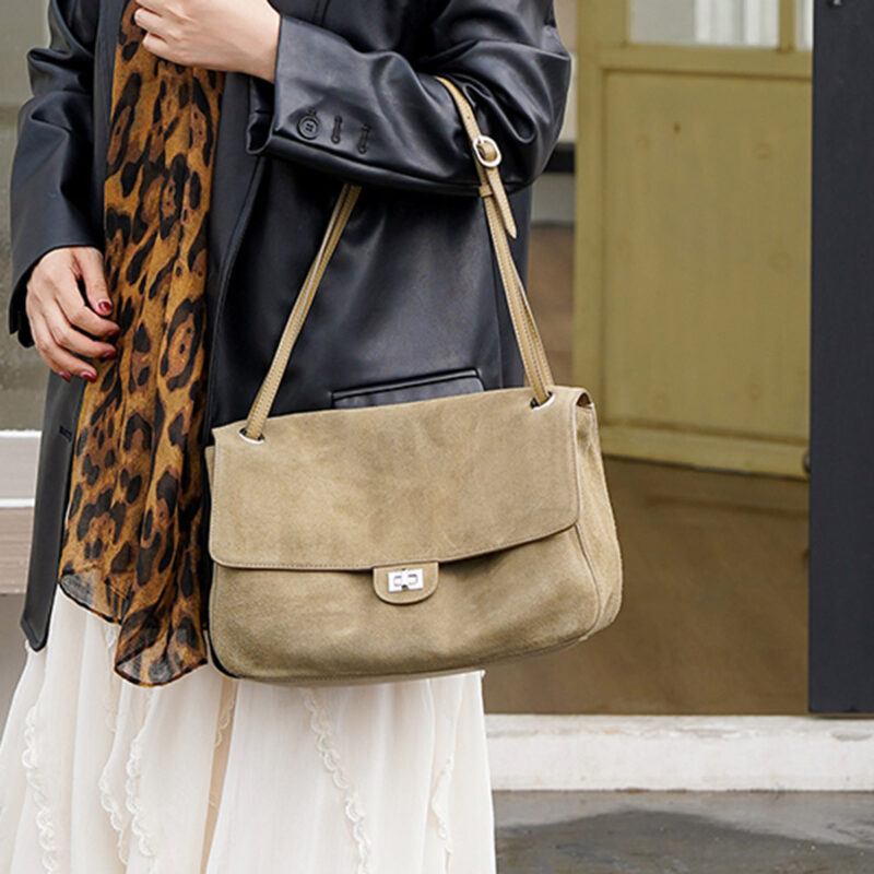 Women's Suede Flap Lock Shoulder Bag