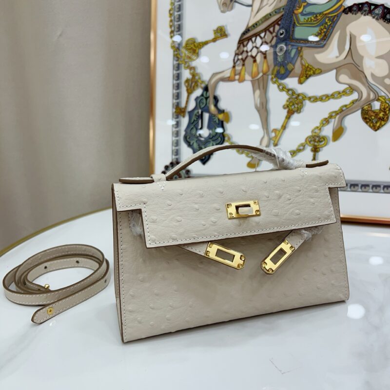 Women's Beige Full Grain Leather Ostrich Pattern Bags Gold Hardware 22