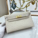 Women's Beige Full Grain Leather Ostrich Pattern Bags Gold Hardware 22