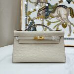 Women's Beige Full Grain Leather Ostrich Pattern Bags Gold Hardware 22