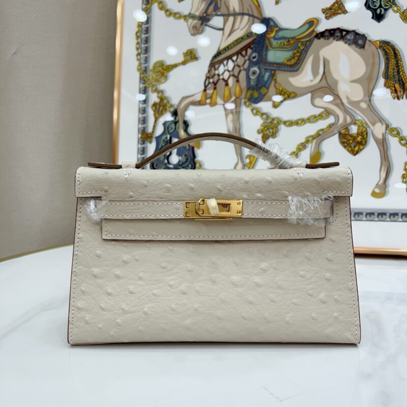 Women's Beige Full Grain Leather Ostrich Pattern Bags Gold Hardware 22