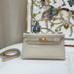 Women's Beige Full Grain Leather Ostrich Pattern Bags Gold Hardware 22