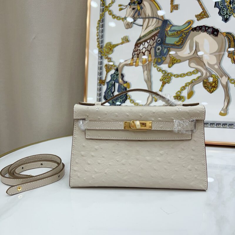 Women's Beige Full Grain Leather Ostrich Pattern Bags Gold Hardware 22