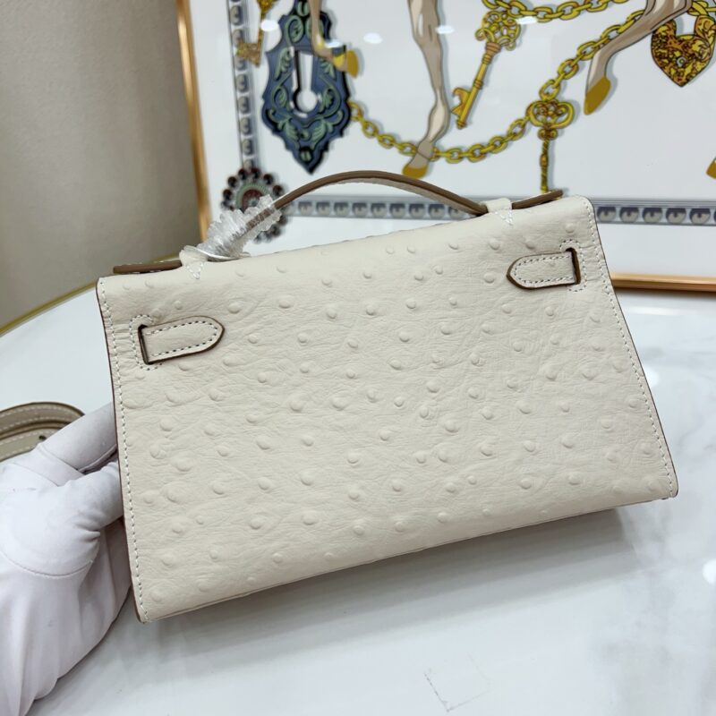 Women's Beige Full Grain Leather Ostrich Pattern Bags Gold Hardware 22