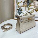 Women's Beige Full Grain Leather Ostrich Pattern Bags Gold Hardware 22