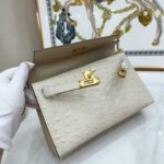 Women's Beige Full Grain Leather Ostrich Pattern Bags Gold Hardware 22