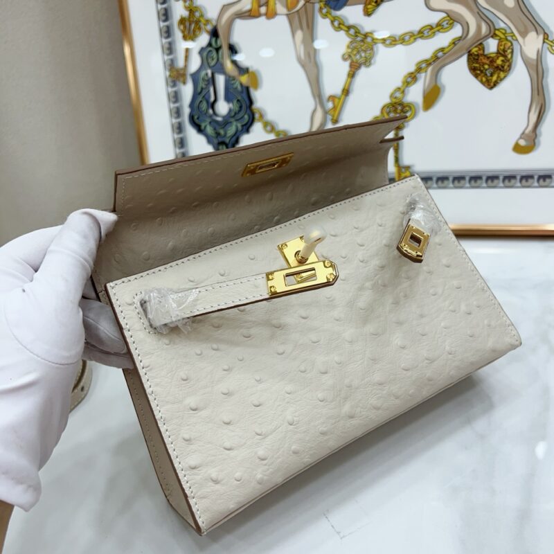 Women's Beige Full Grain Leather Ostrich Pattern Bags Gold Hardware 22