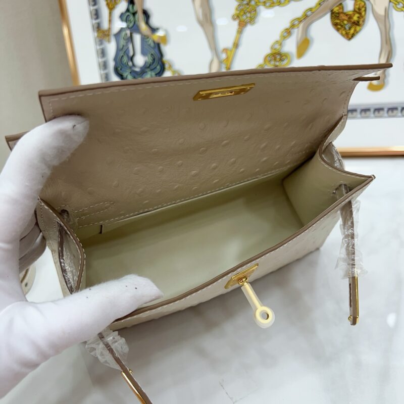 Women's Beige Full Grain Leather Ostrich Pattern Bags Gold Hardware 22